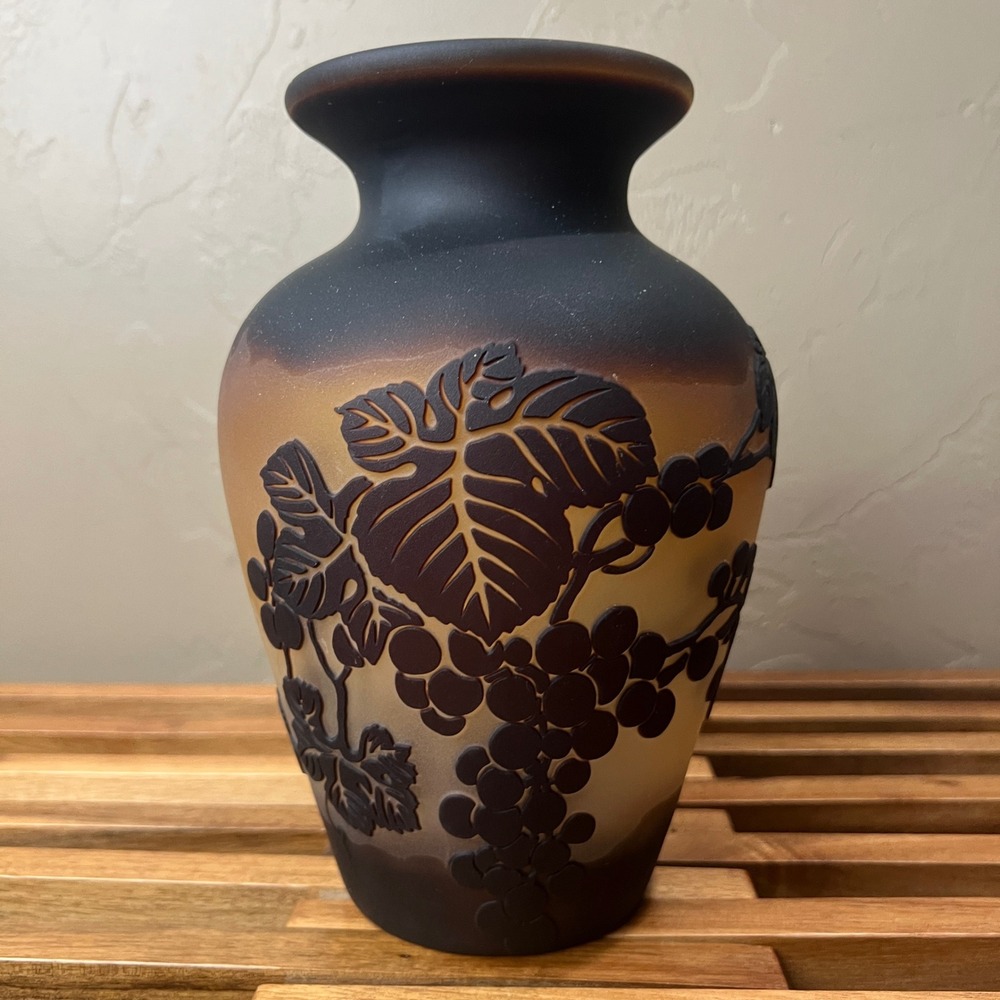 Frosted Amber Art Nouveau Glass Vase Grapevine Cameo Relief Black Ombre Finish
